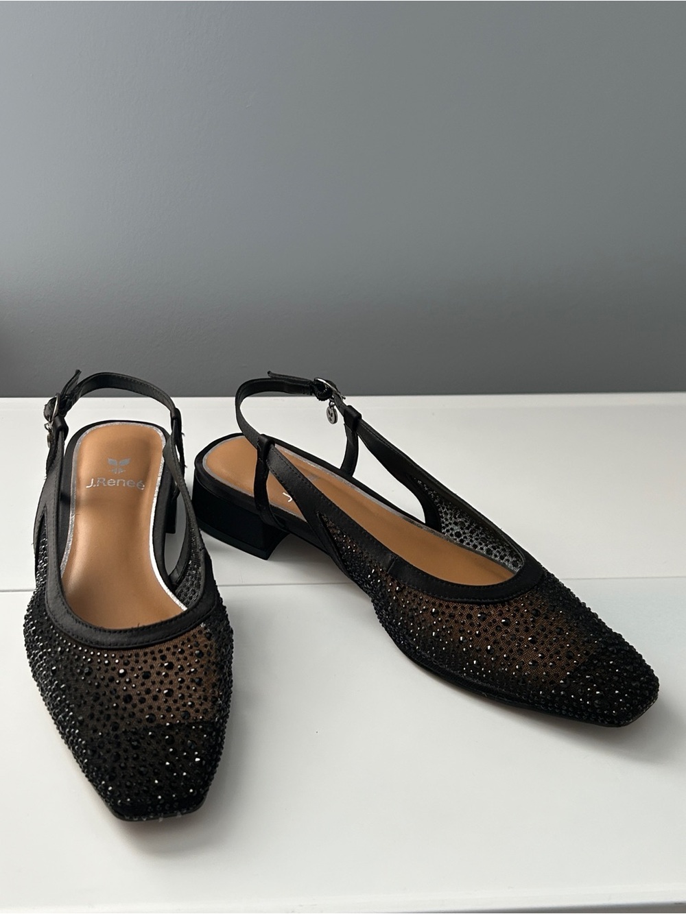 J. Renee Black Rhinestone Mesh Slingback Pump Size 9M Block Heel Embellished